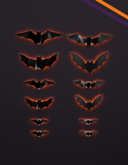 All 12 Glow Bats in 5 sizes, flat lay