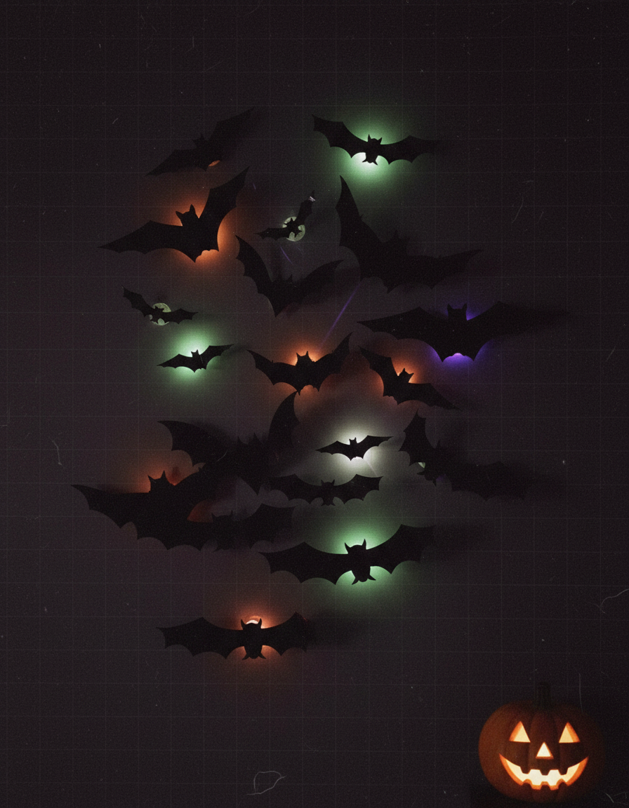 Glow Bats swarm glowing orange, violet and green on a dark wall